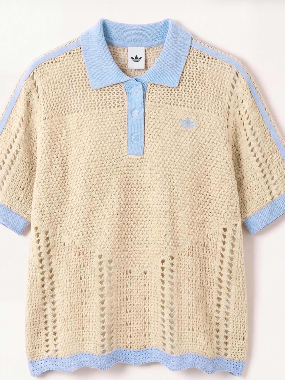 Asos x Adidas Women’s Beige Crochet Polo with Light Blue Trim